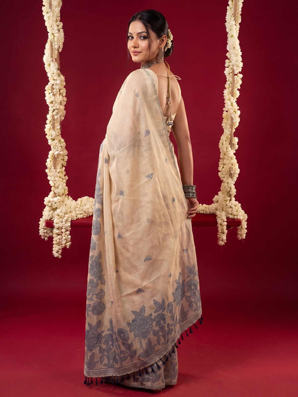 Cream Chanderi Cotton saree – detail view 1