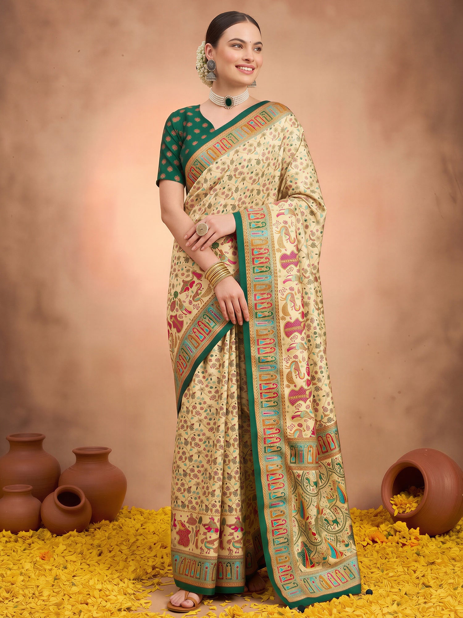 Woman wearing cream silk blend saree with metallic foil print work and green blouse