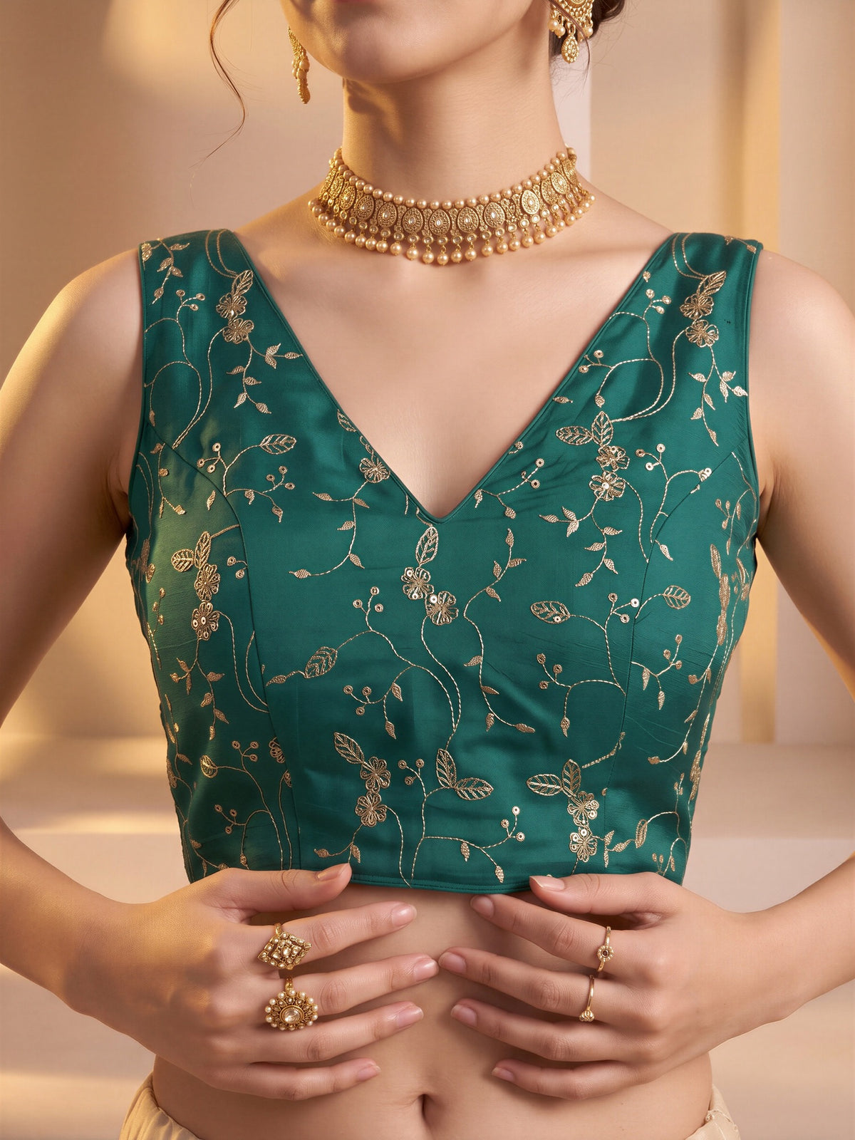 Teal Green sequin embroidered vichitra silk sleeveless readymade saree blouse with v neck view 4