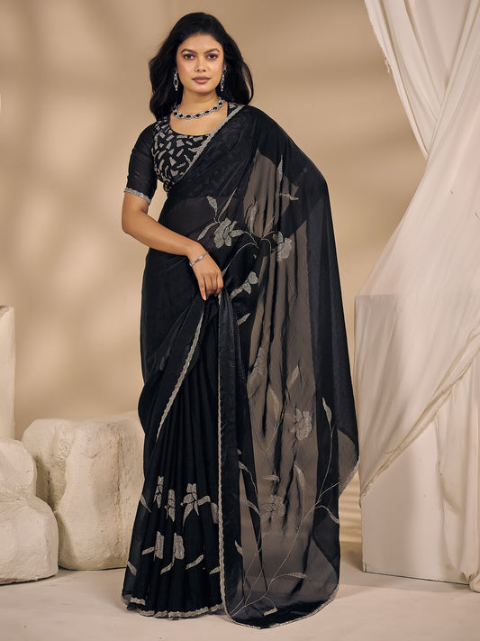 Black embellished satin silk saree with black blouse piece