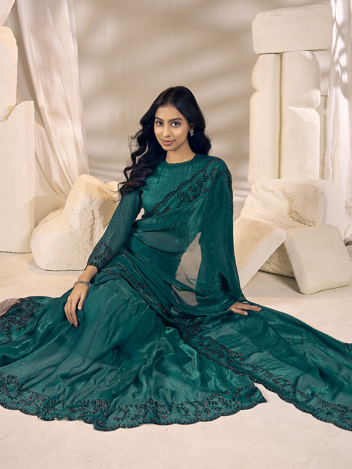 Teal Green satin silk saree view 4