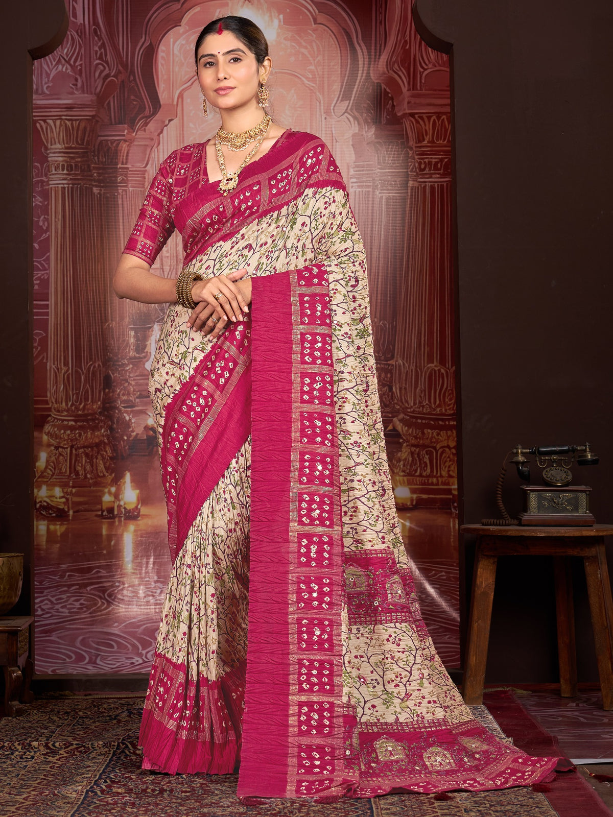 Cream ethnic motif tussar silk saree with magenta blouse piece