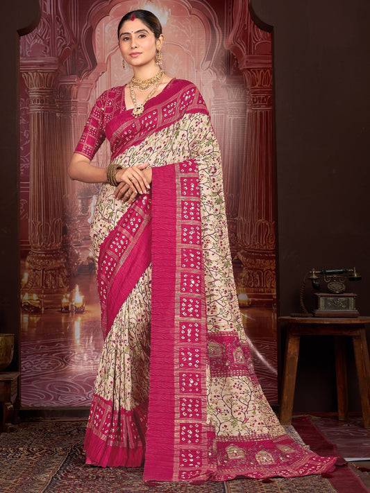 Cream ethnic motif tussar silk saree with magenta blouse piece