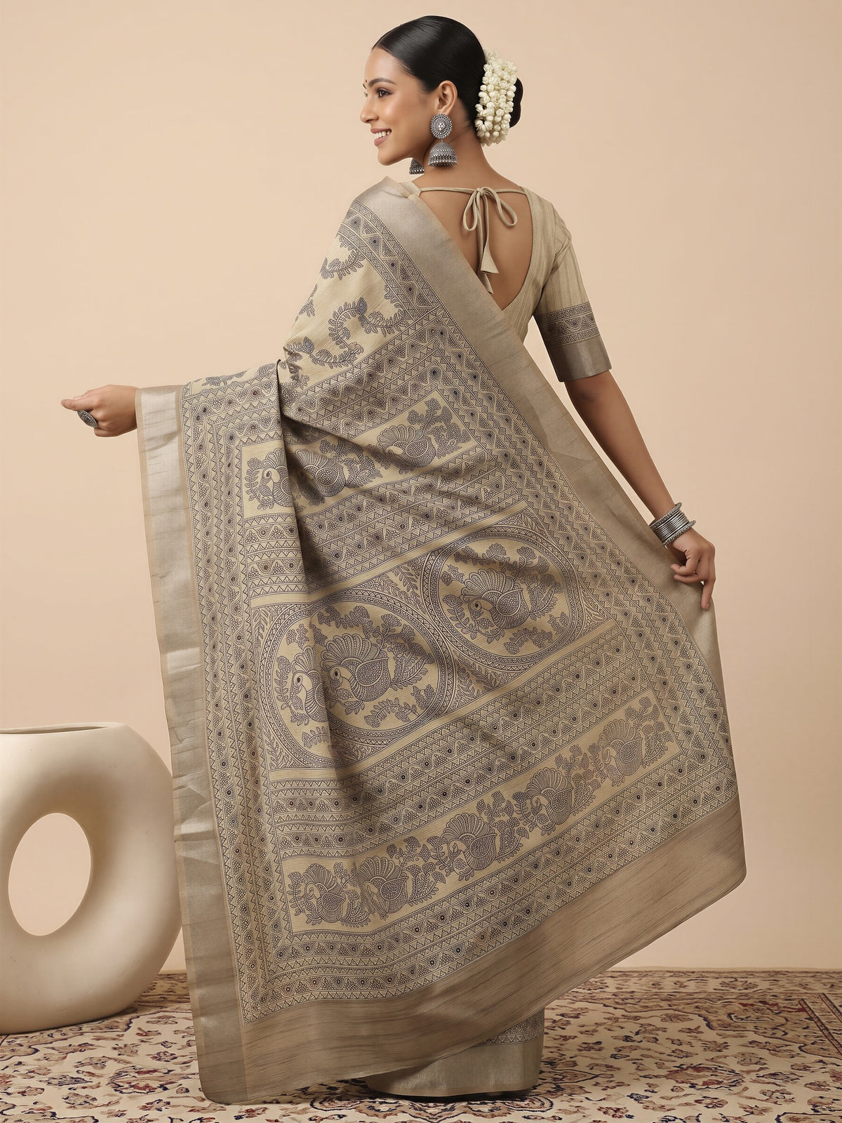 Beige Satin Silk saree – detail view 1