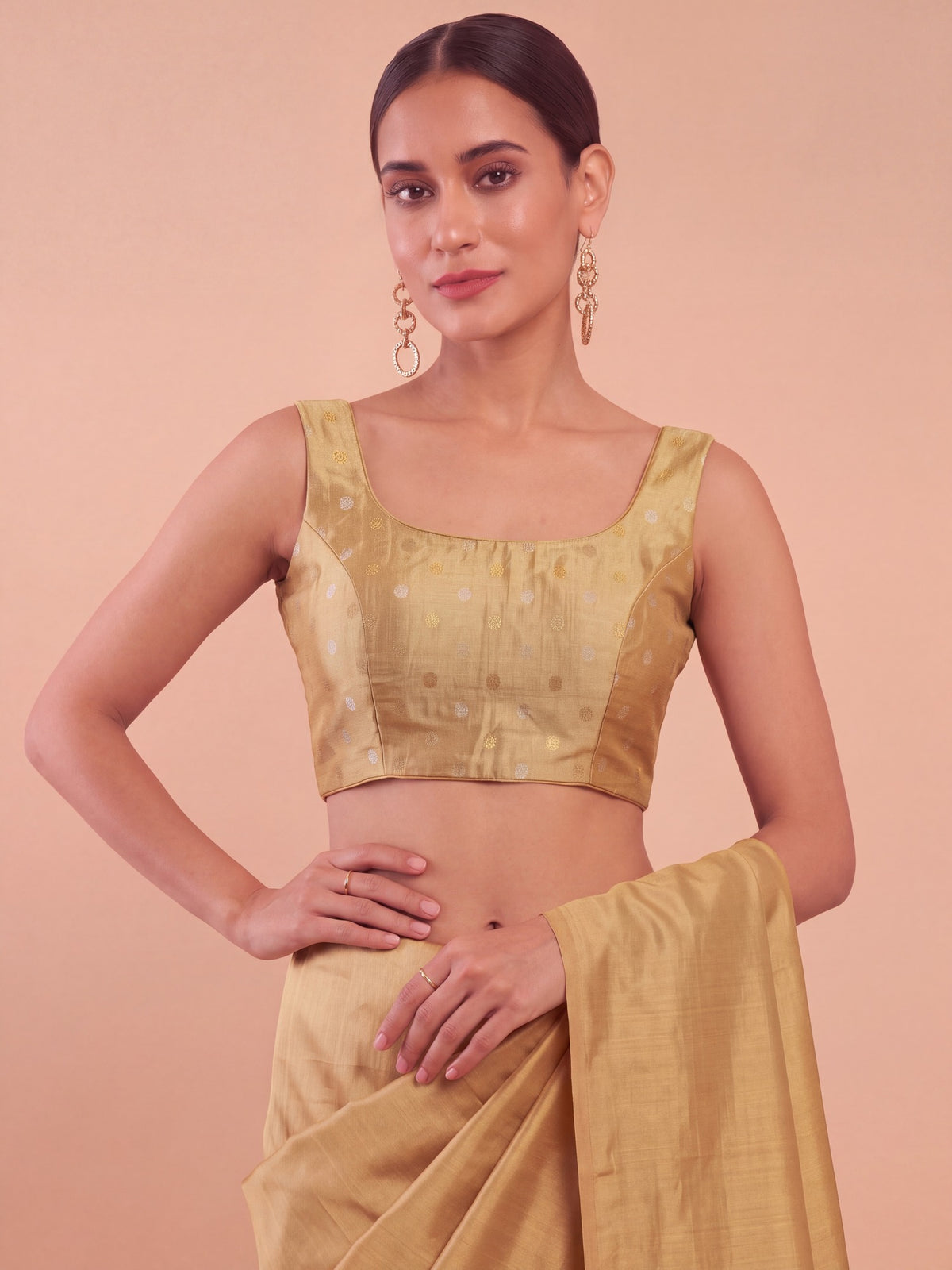 Beige zari woven georgette sleeveless readymade saree blouse with round neck view 4