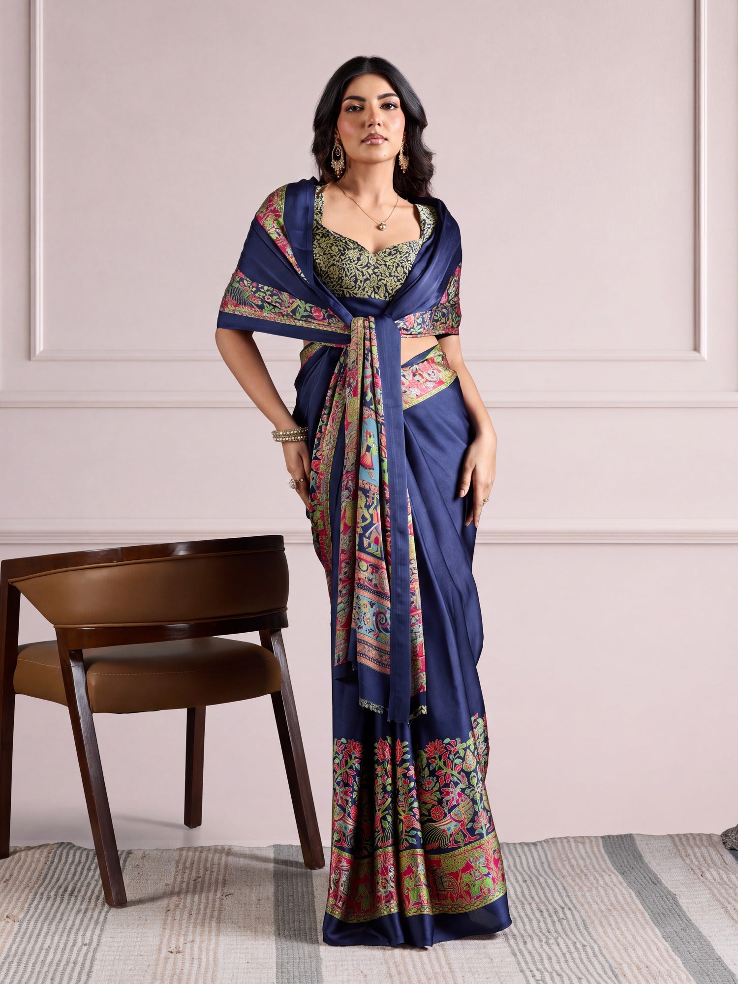 Navy Blue Satin saree – detail view 5