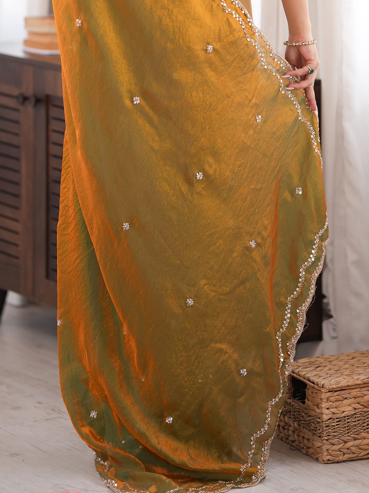 Gold Satin Silk saree – detail view 5