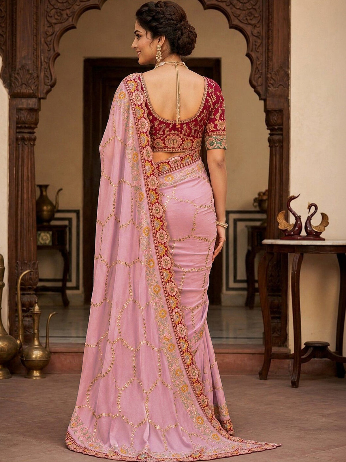 Pink Pure Georgette saree – detail view 1