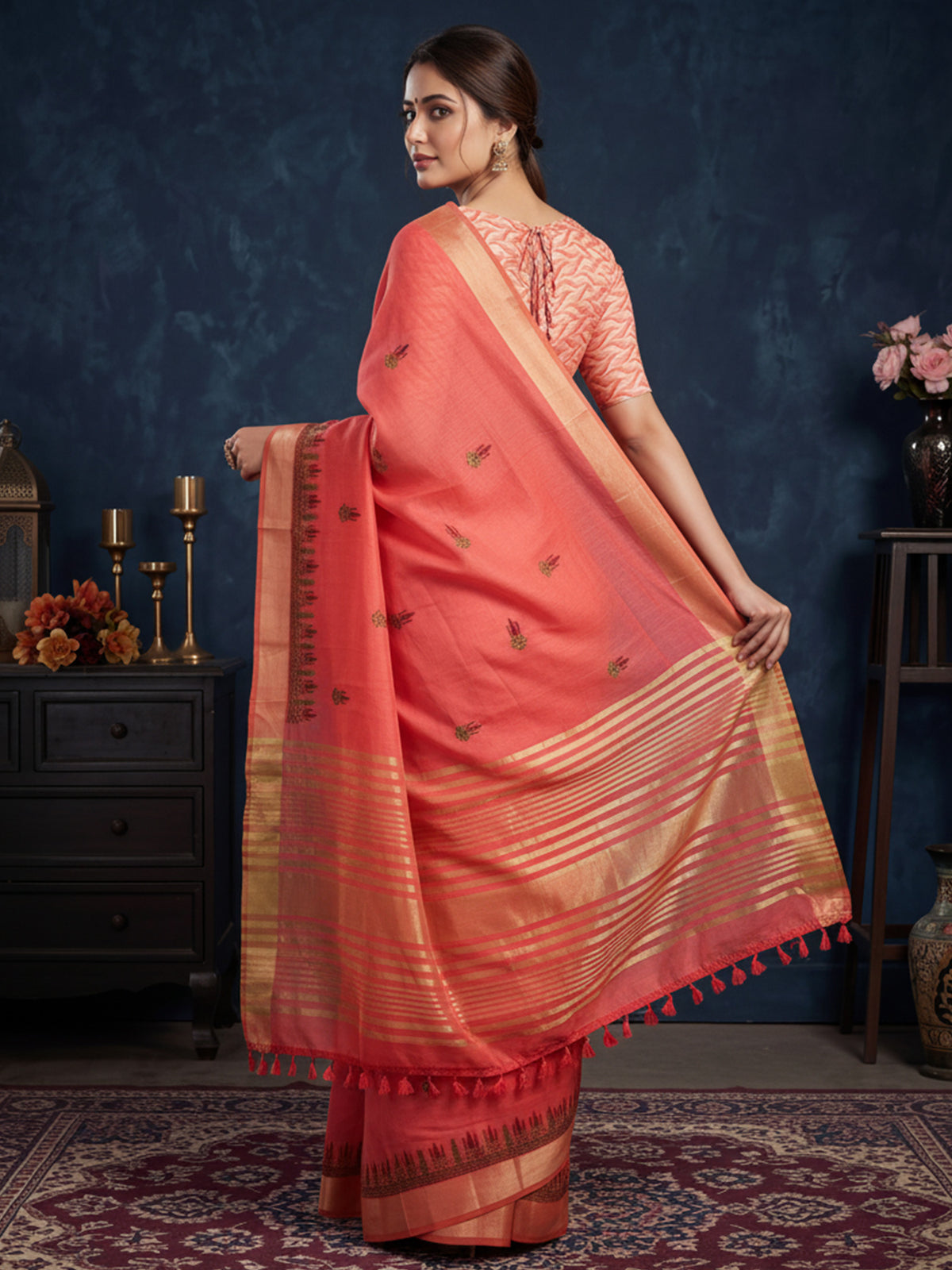 Peach Cotton Linen saree – detail view 1