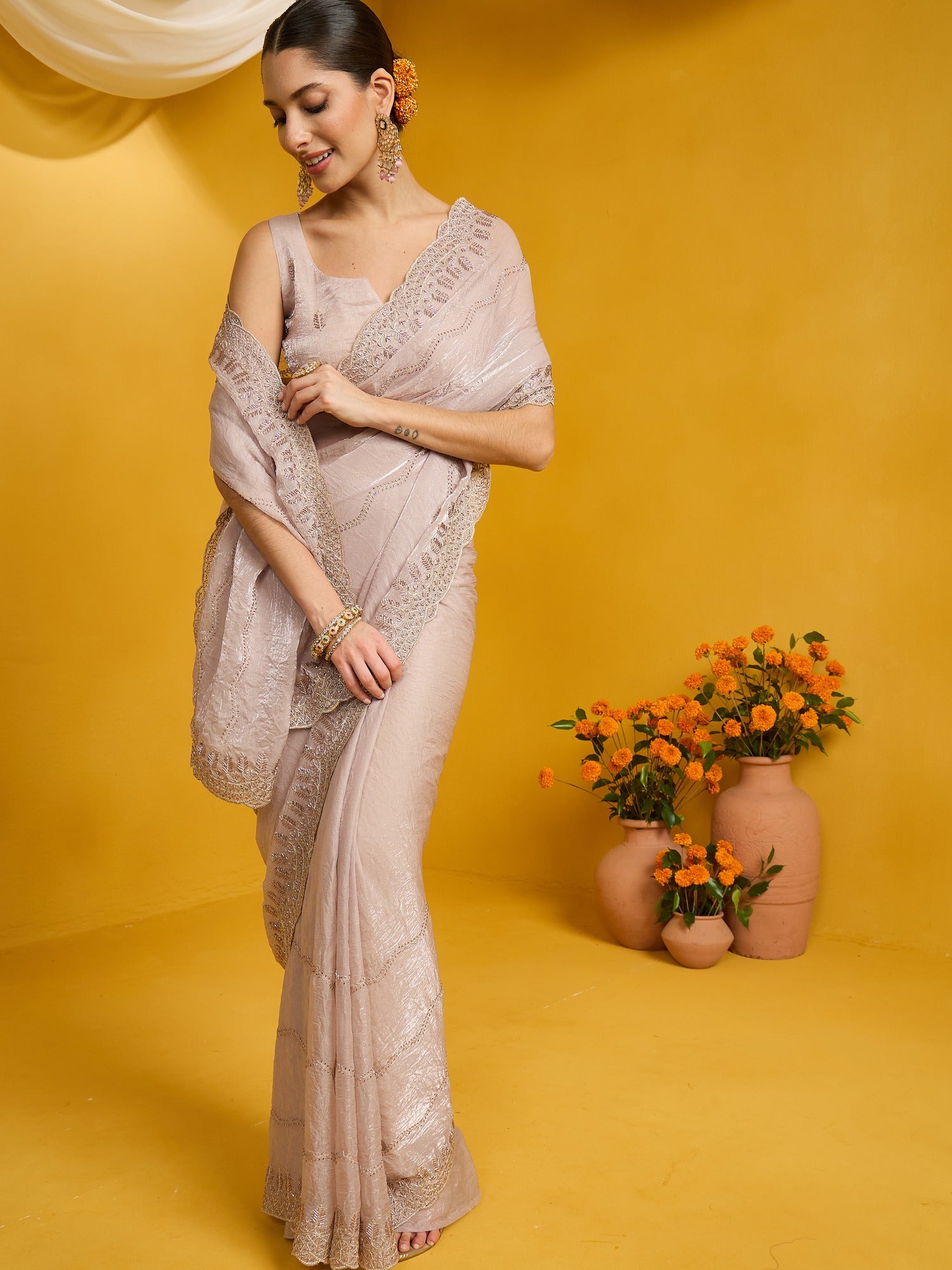 Beige Satin Silk saree – detail view 2