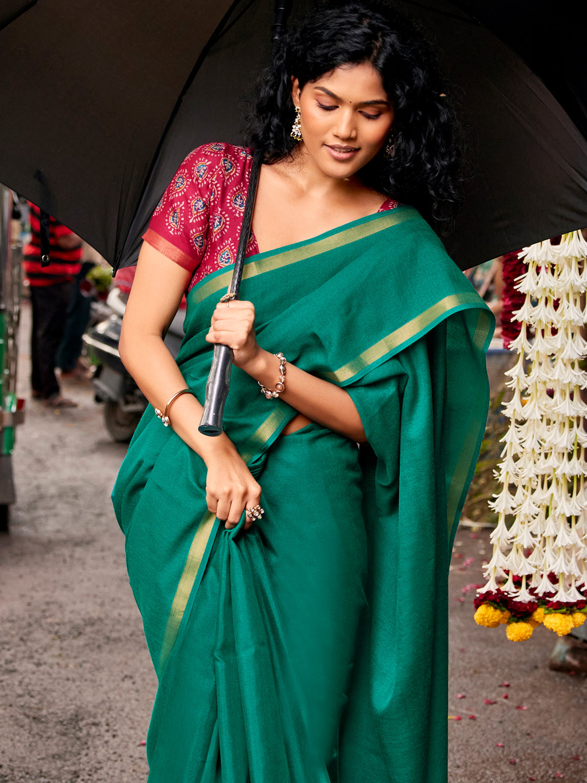 Teal Green Cotton Blend saree – detail view 4