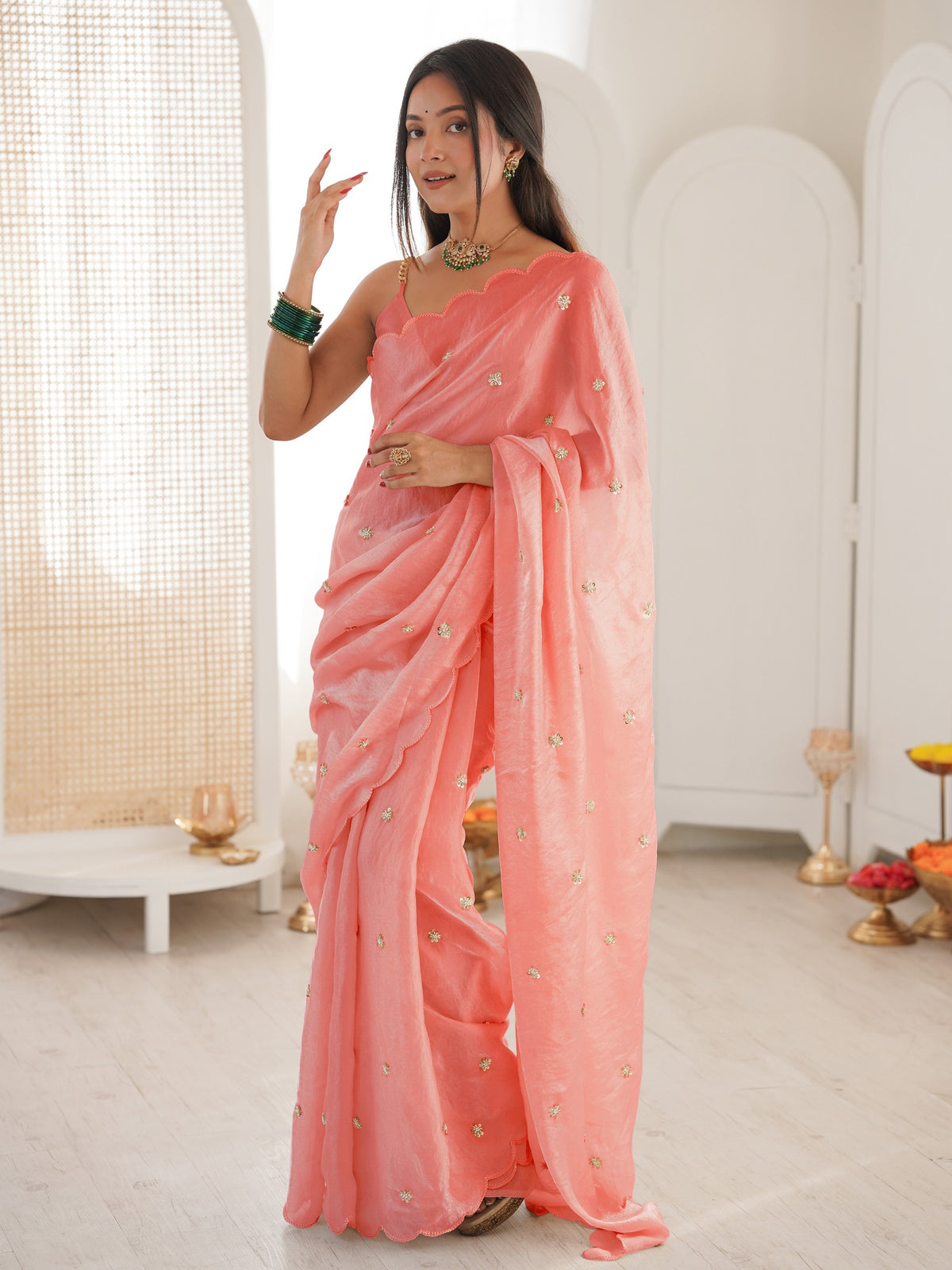 Peach satin saree view 3