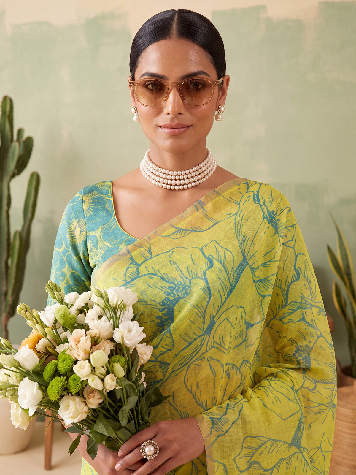 Yellow Cotton Linen saree – detail view 4