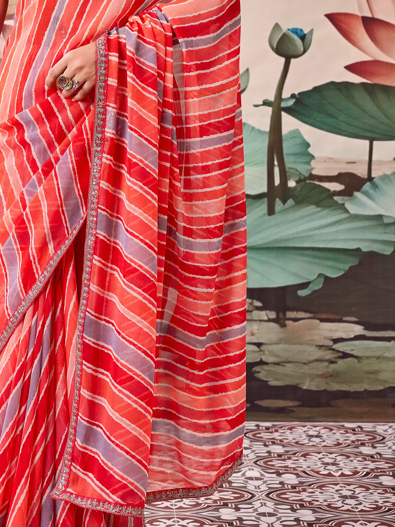 Peach Georgette saree – detail view 4