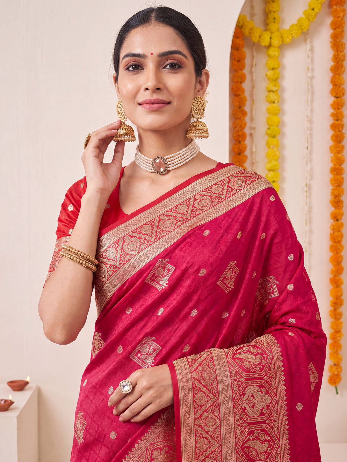 Pink Satin Silk saree – detail view 3