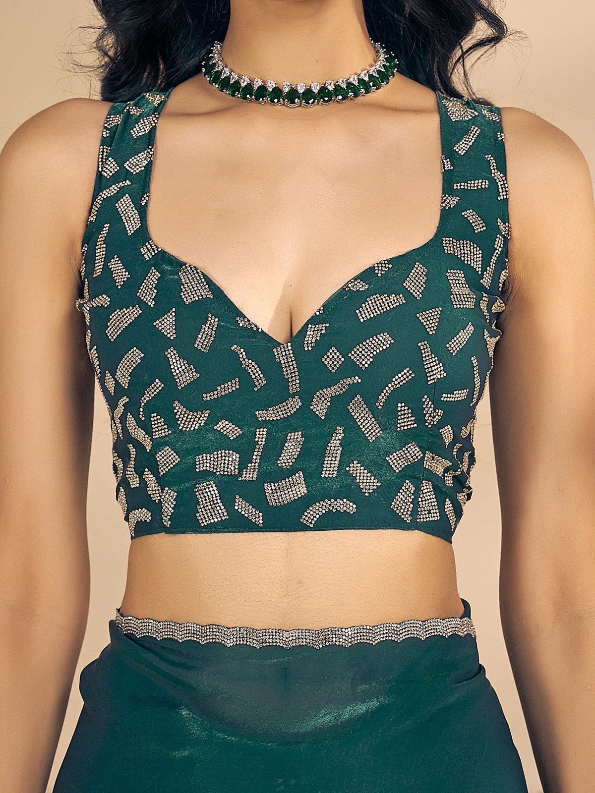 Teal Green satin silk saree view 4