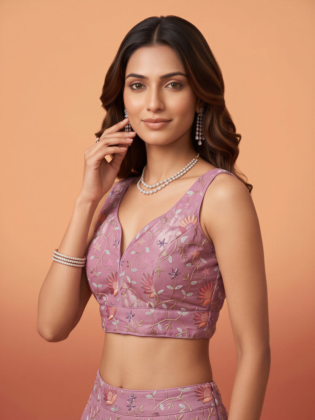Lavender sequin embellished satin sleeveless readymade saree blouse with deep v neck view 2