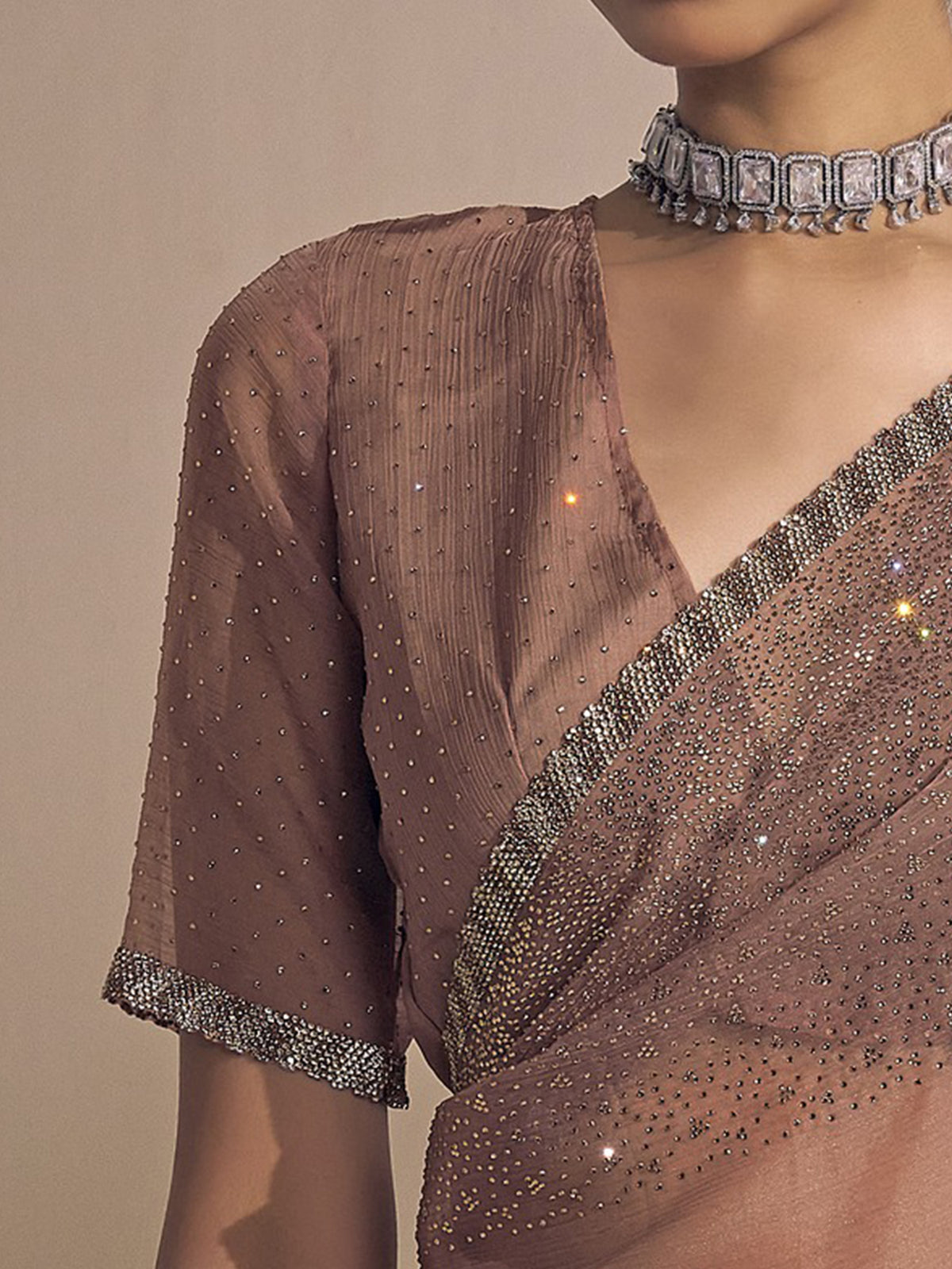 Unstitched rose gold chiffon blouse piece with embellished design