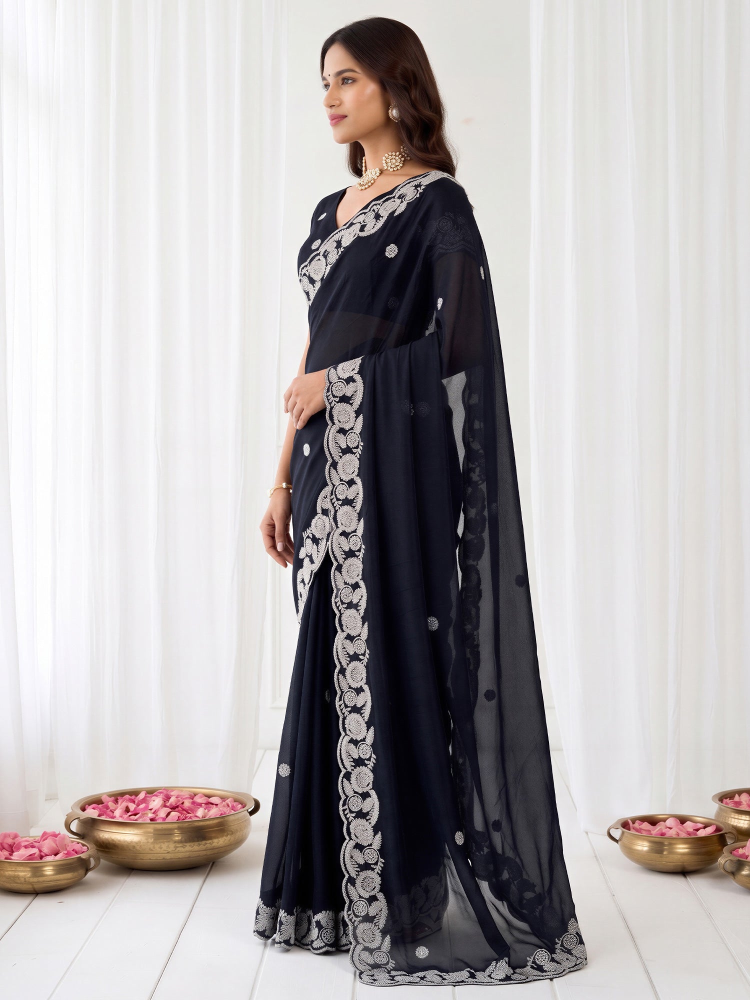Black Satin saree – detail view 2
