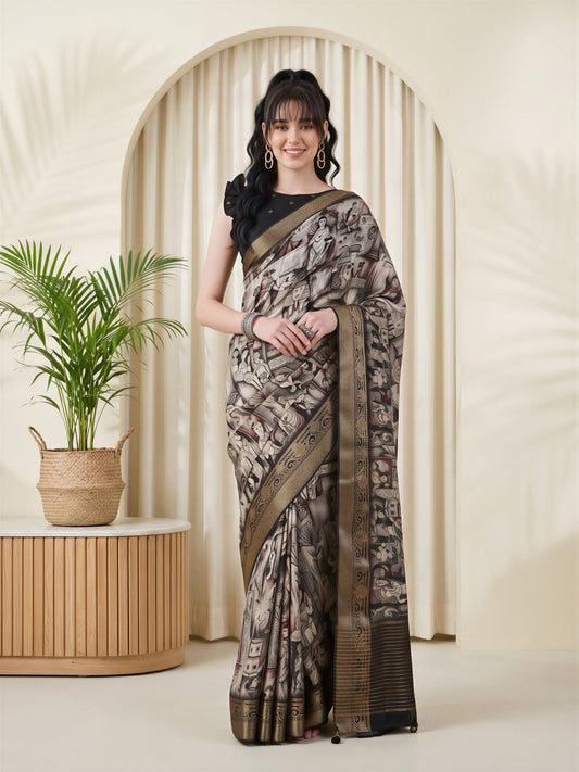 Woman wearing navy blue viscose silk saree with kalamkari narrative motif work and navy blue blouse