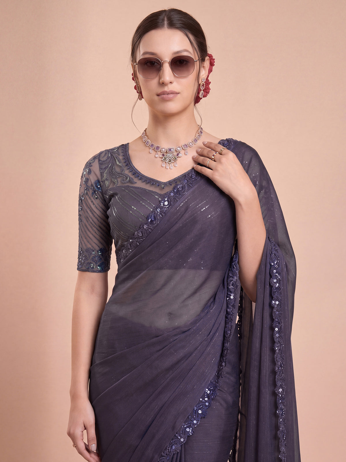 Violet Georgette saree – detail view 4
