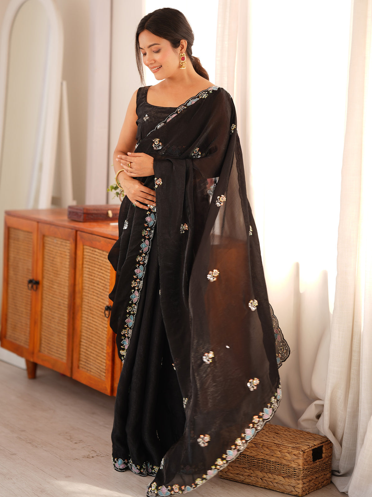 Black Satin saree – detail view 3
