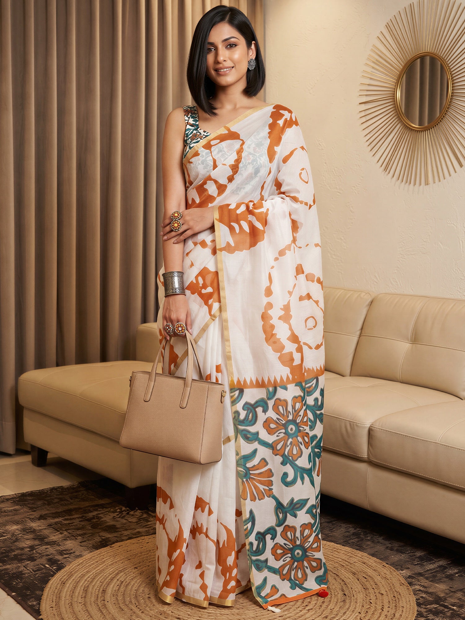Woman wearing white cotton blend saree with shibori resist-dye pattern and orange blouse