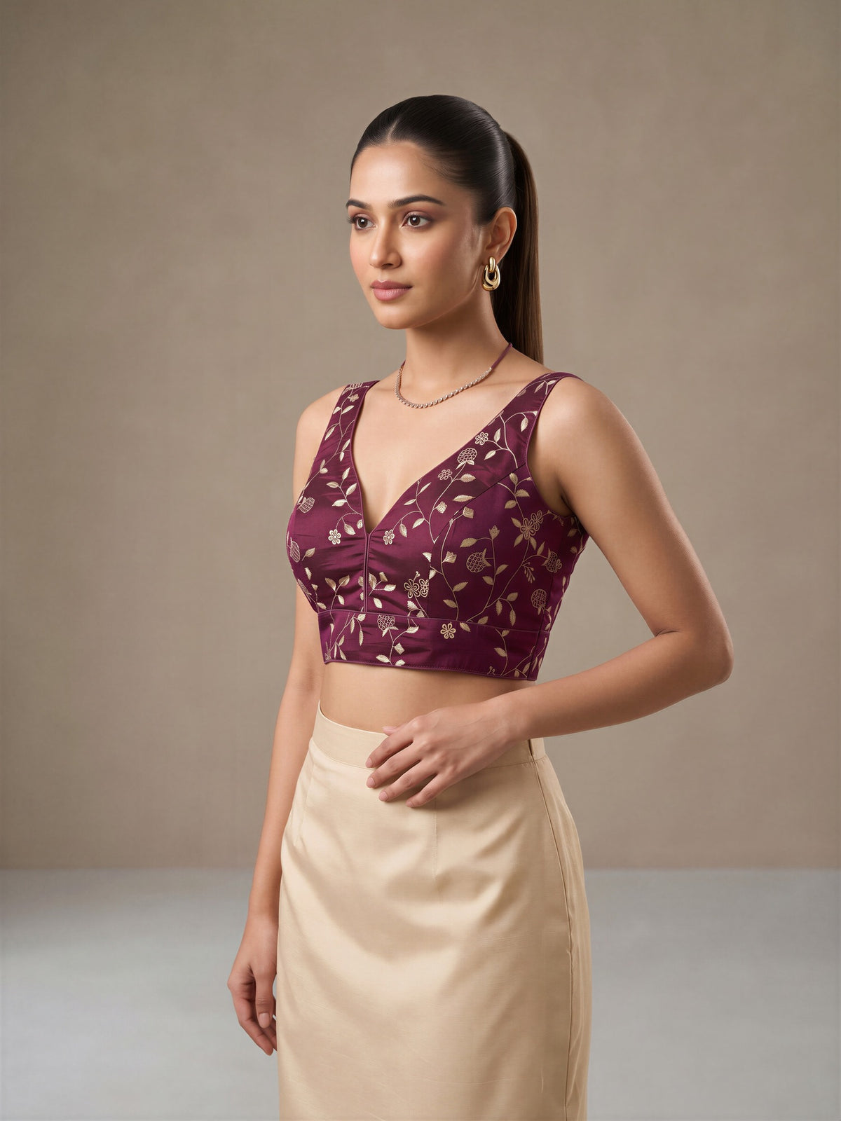 Wine sequin embellished silk blend sleeveless readymade saree blouse with v neck view 2