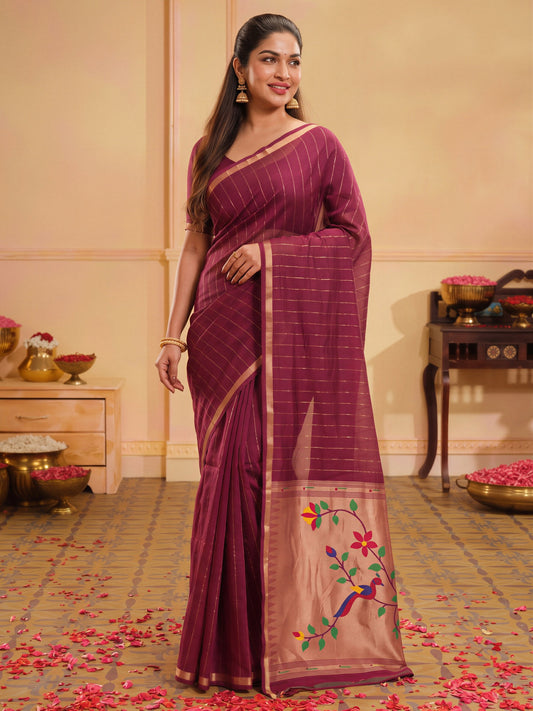 Wine striped silk blend saree with wine blouse piece