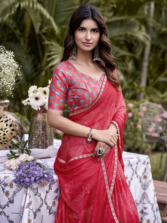 Red Chiffon saree – detail view 1