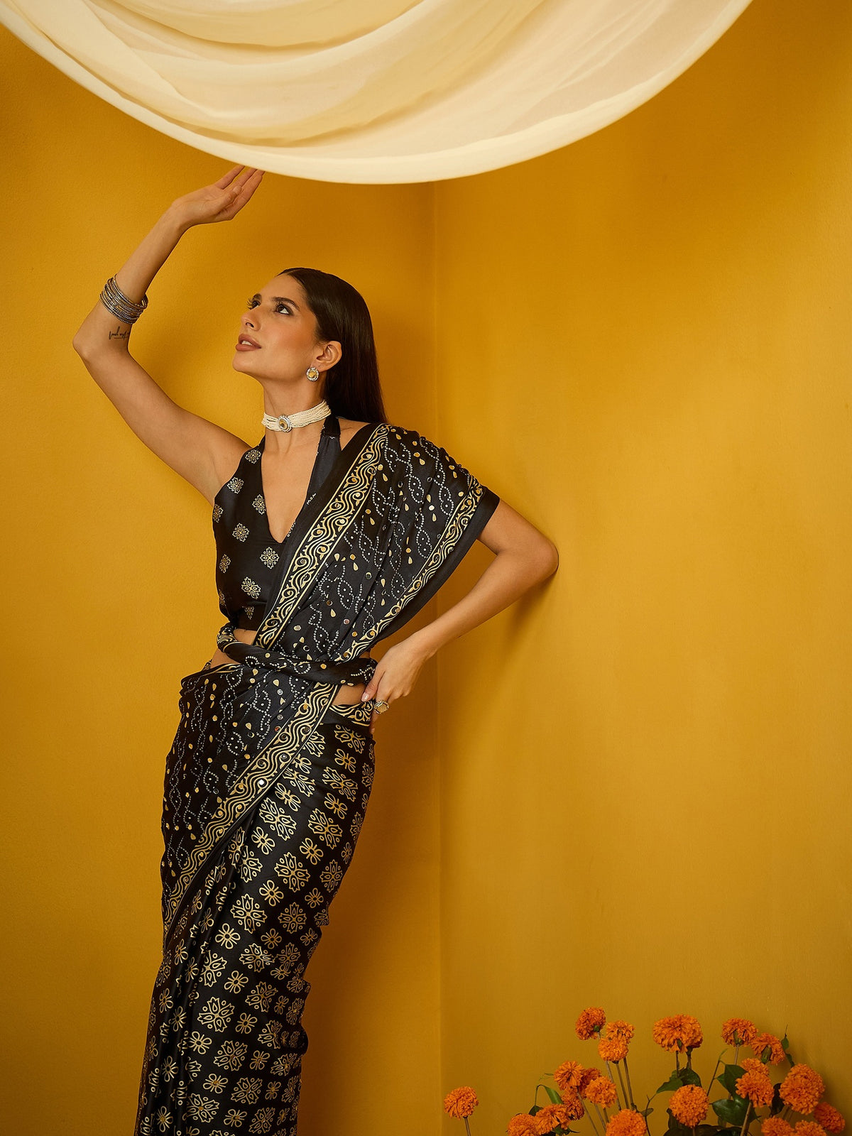 Black Satin Silk saree – detail view 1
