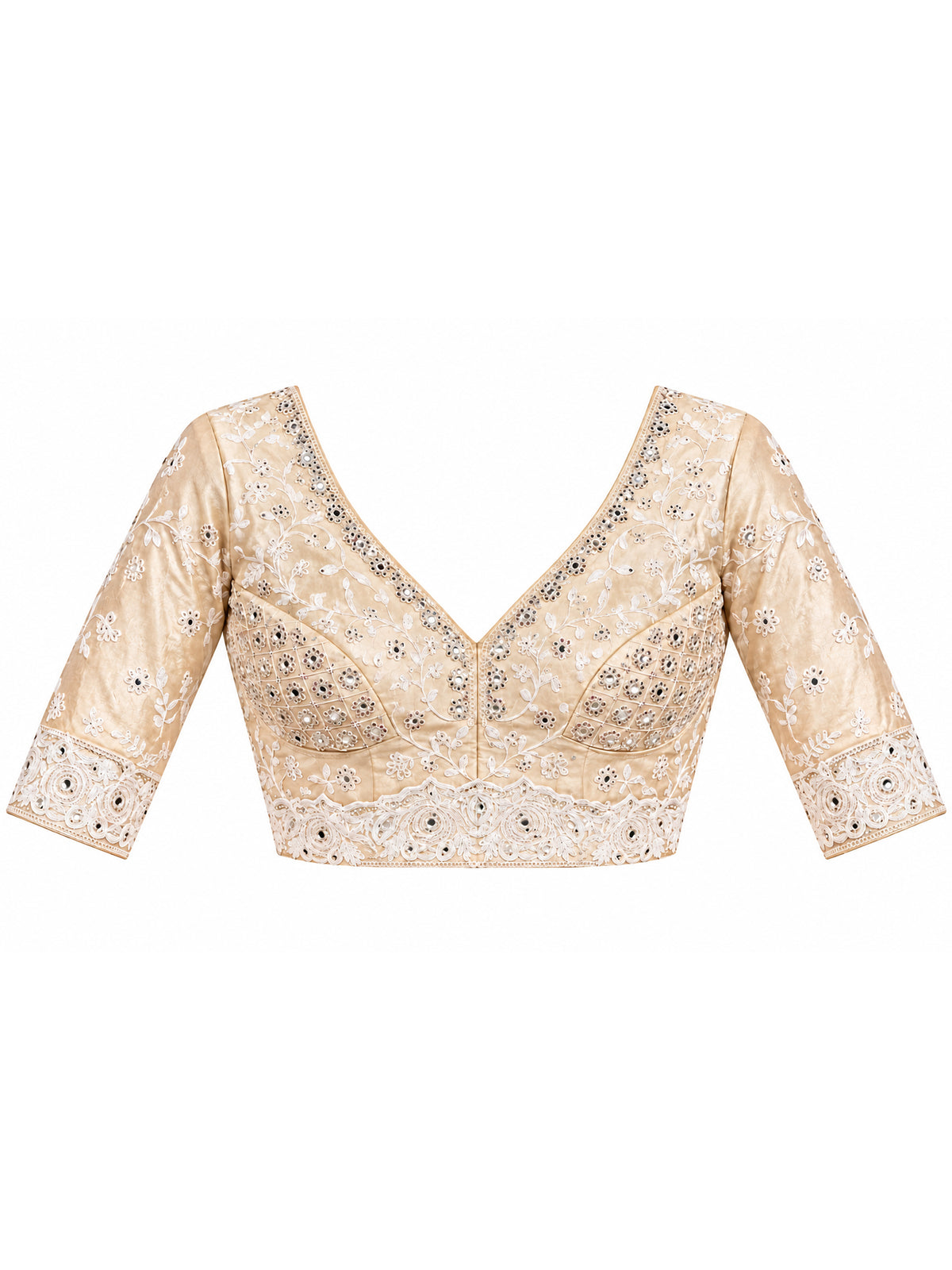 Unstitched beige  blouse piece with embellished design