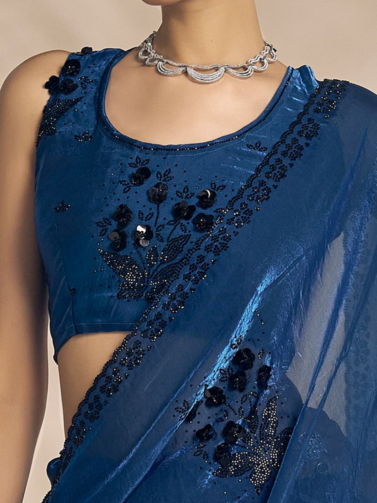 Unstitched teal blue satin silk blouse piece with embellished design