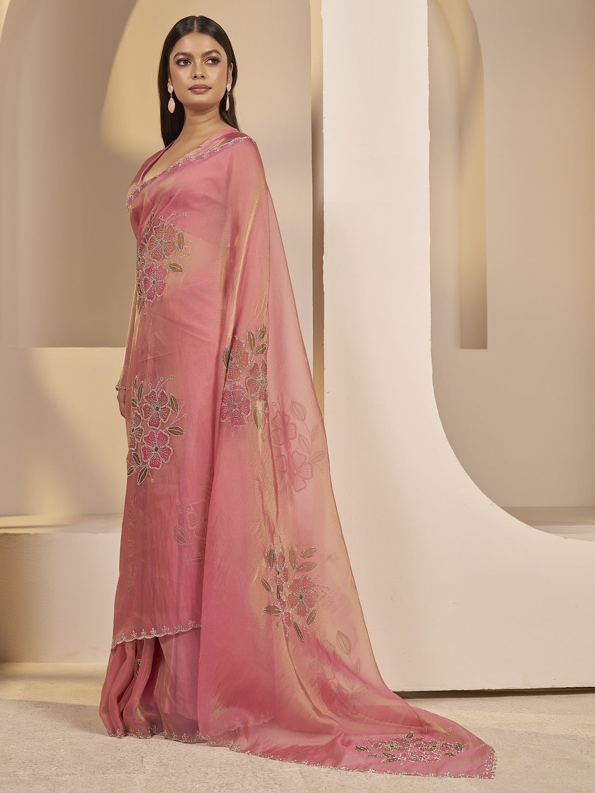 Pink organza saree view 1