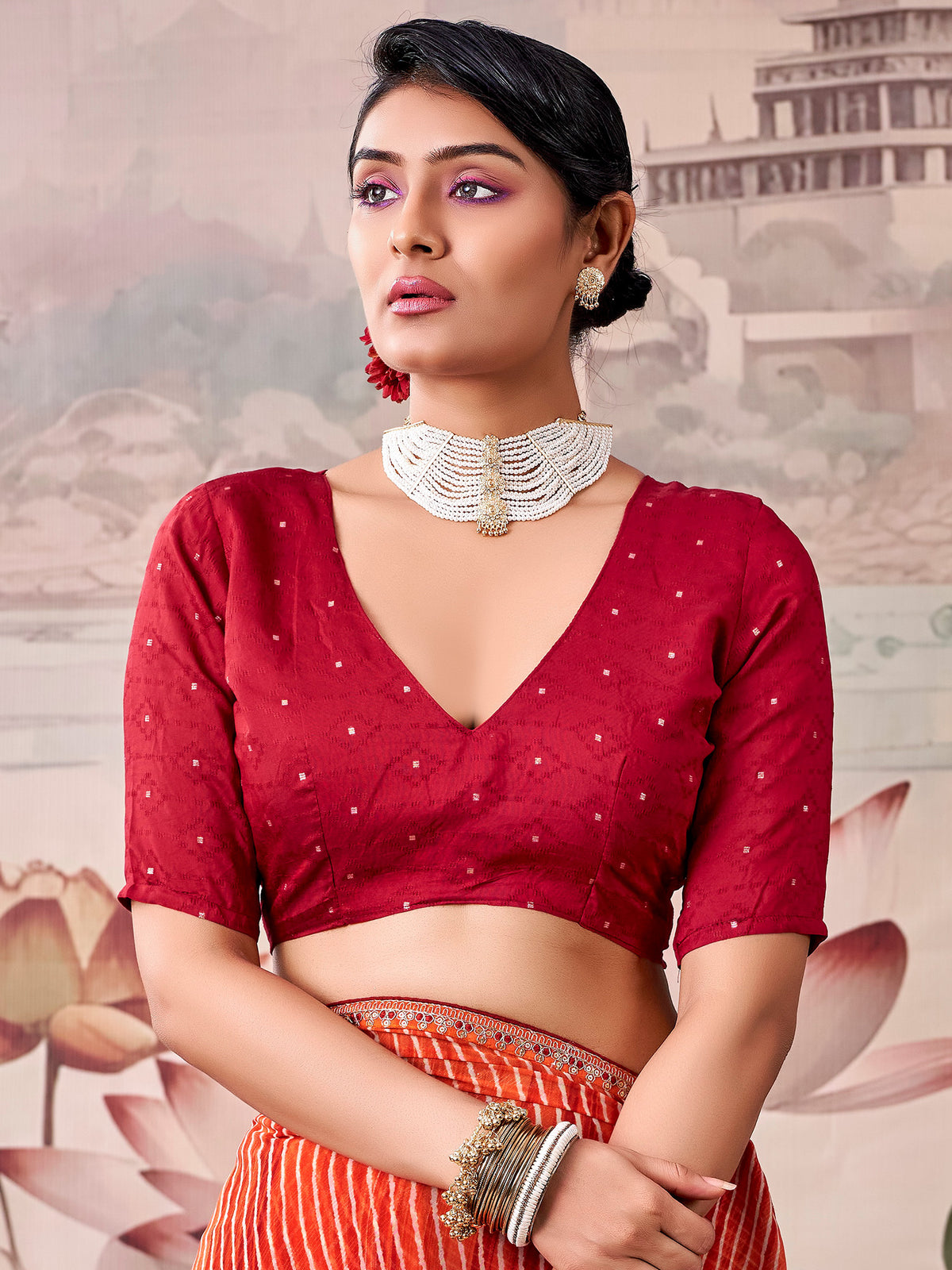 Unstitched red georgette blouse piece with zari butta design