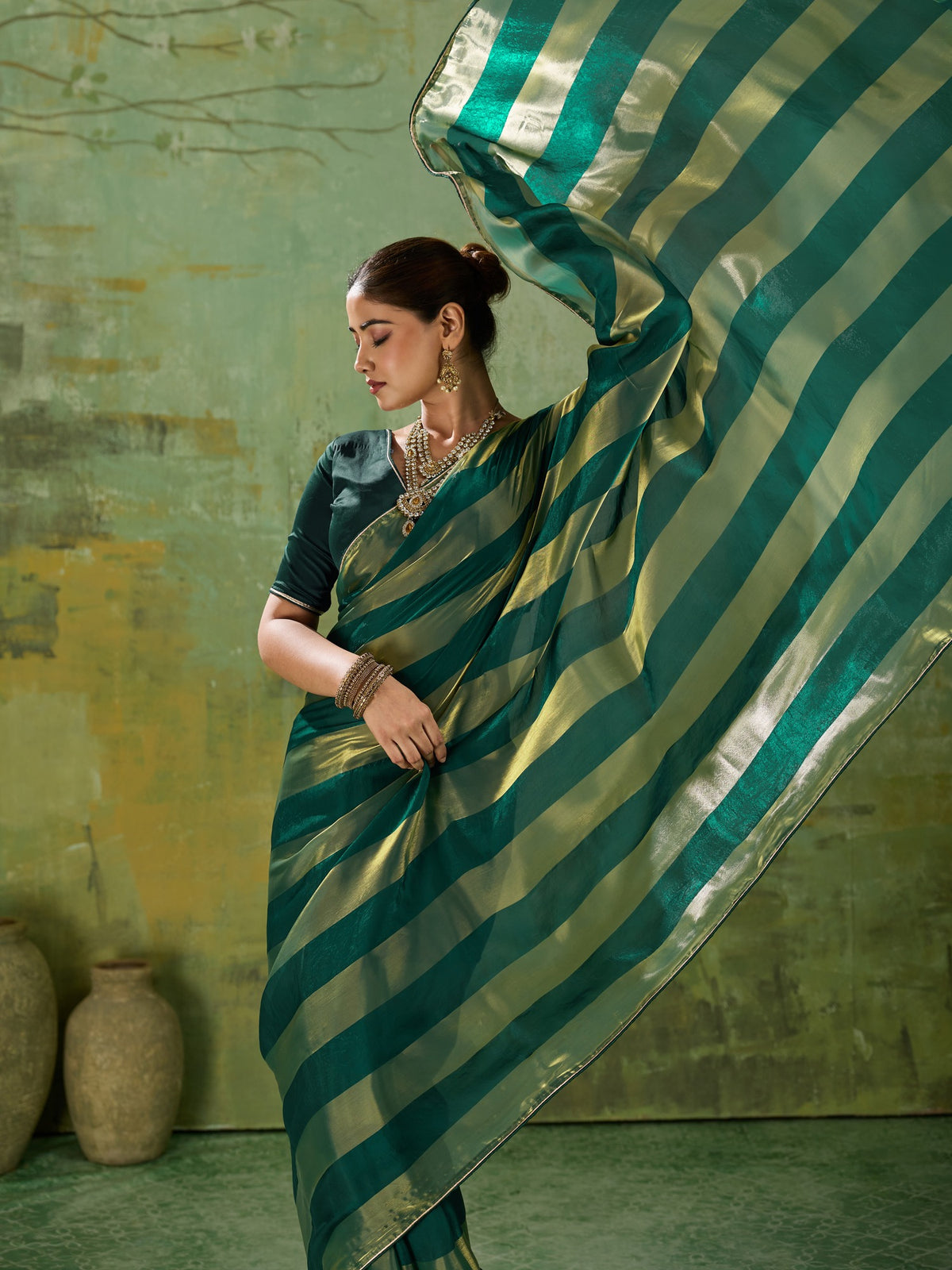 Teal Green Satin Silk saree – detail view 1