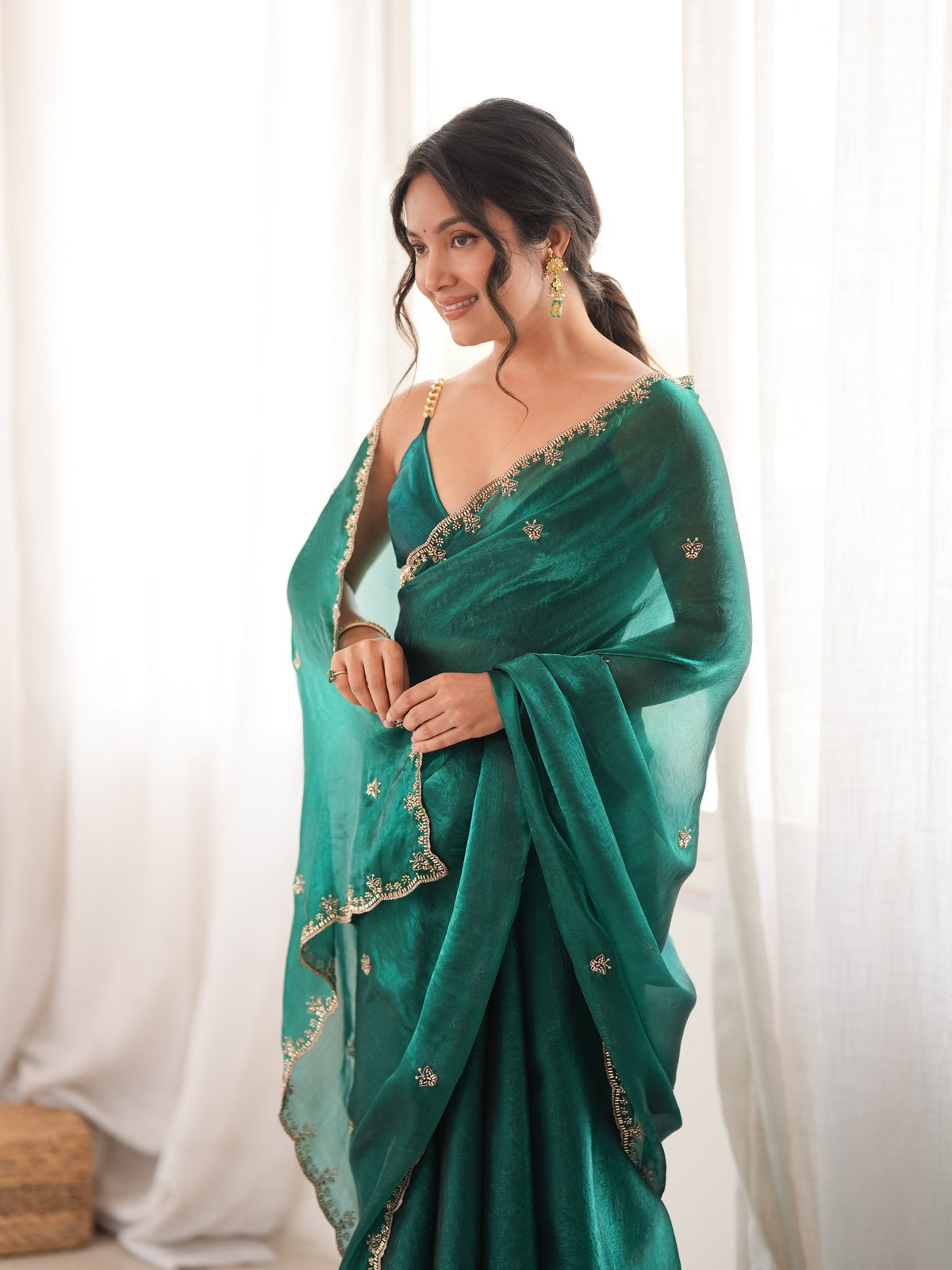 Teal Green Satin saree – detail view 2