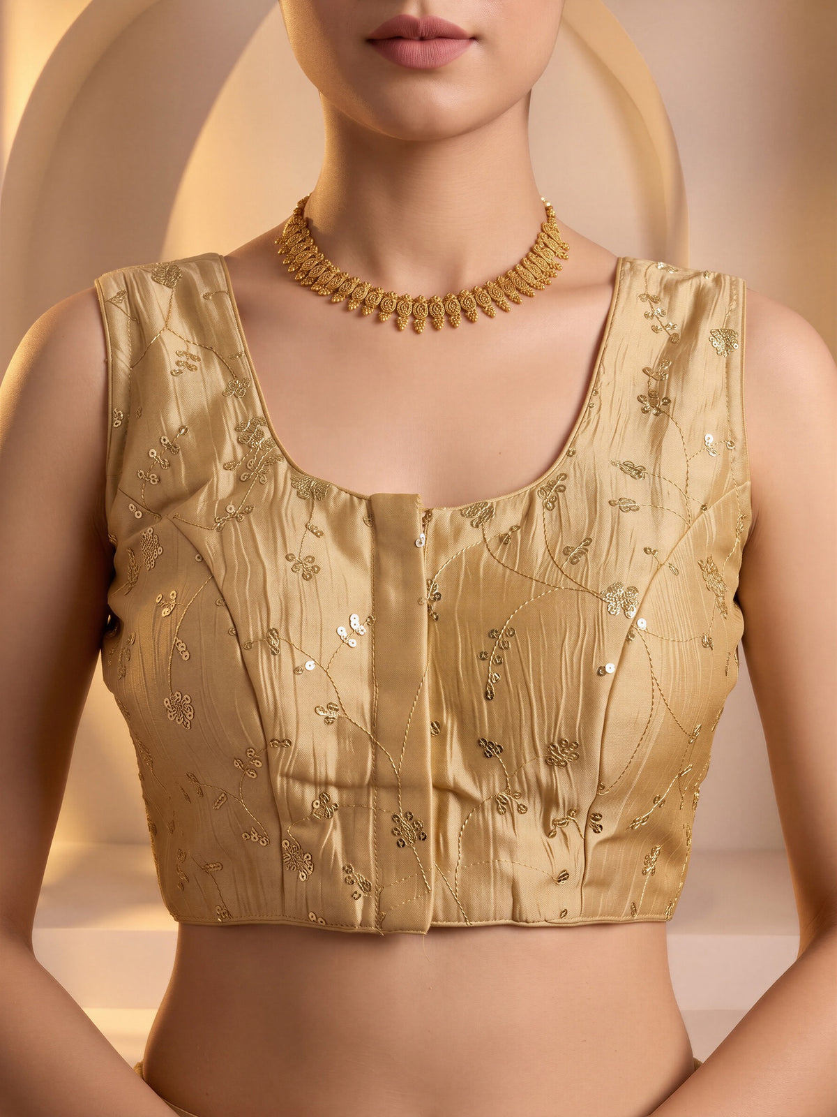 Gold sequin embroidered vichitra silk sleeveless readymade saree blouse with round neck view 4