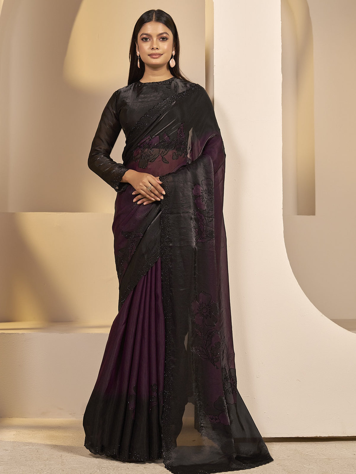 Wine embellished satin silk saree with black blouse piece