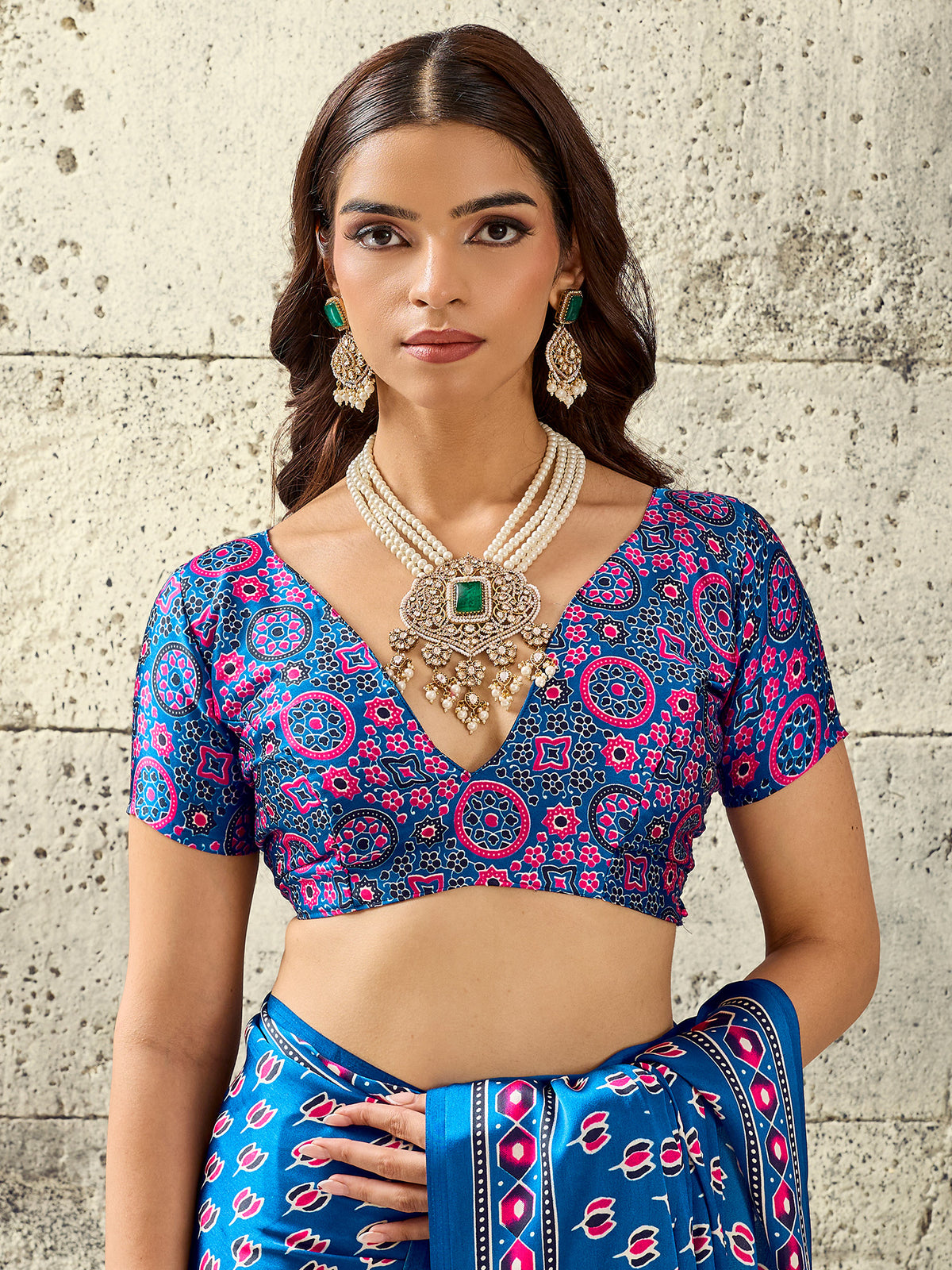 Unstitched blue satin blouse piece with ajrak design