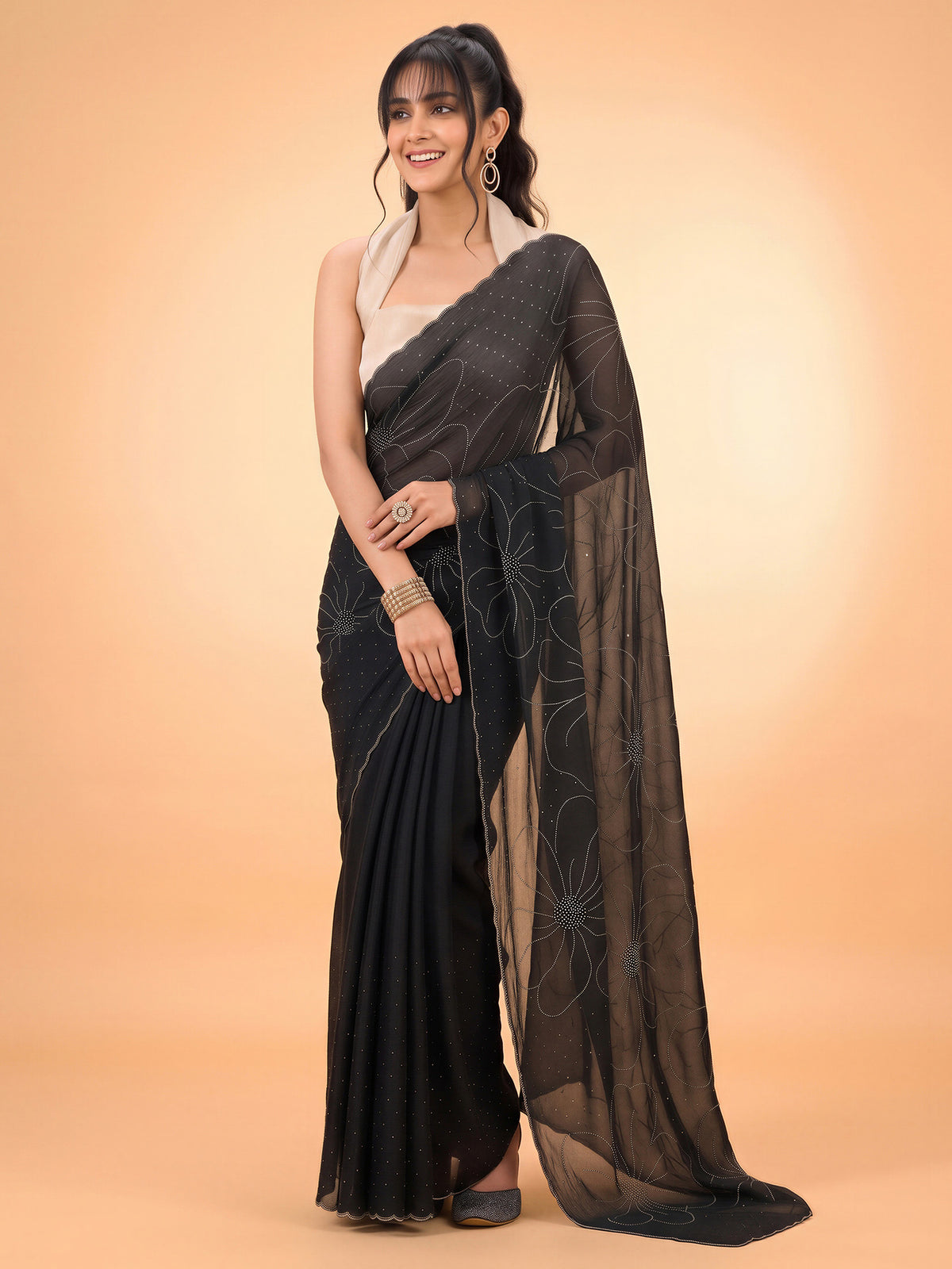 Black Satin Silk saree – detail view 3