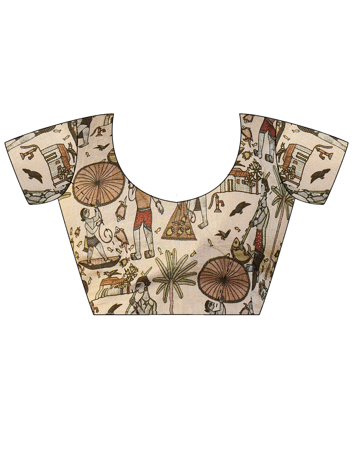 Unstitched beige viscose silk blouse piece with warli design
