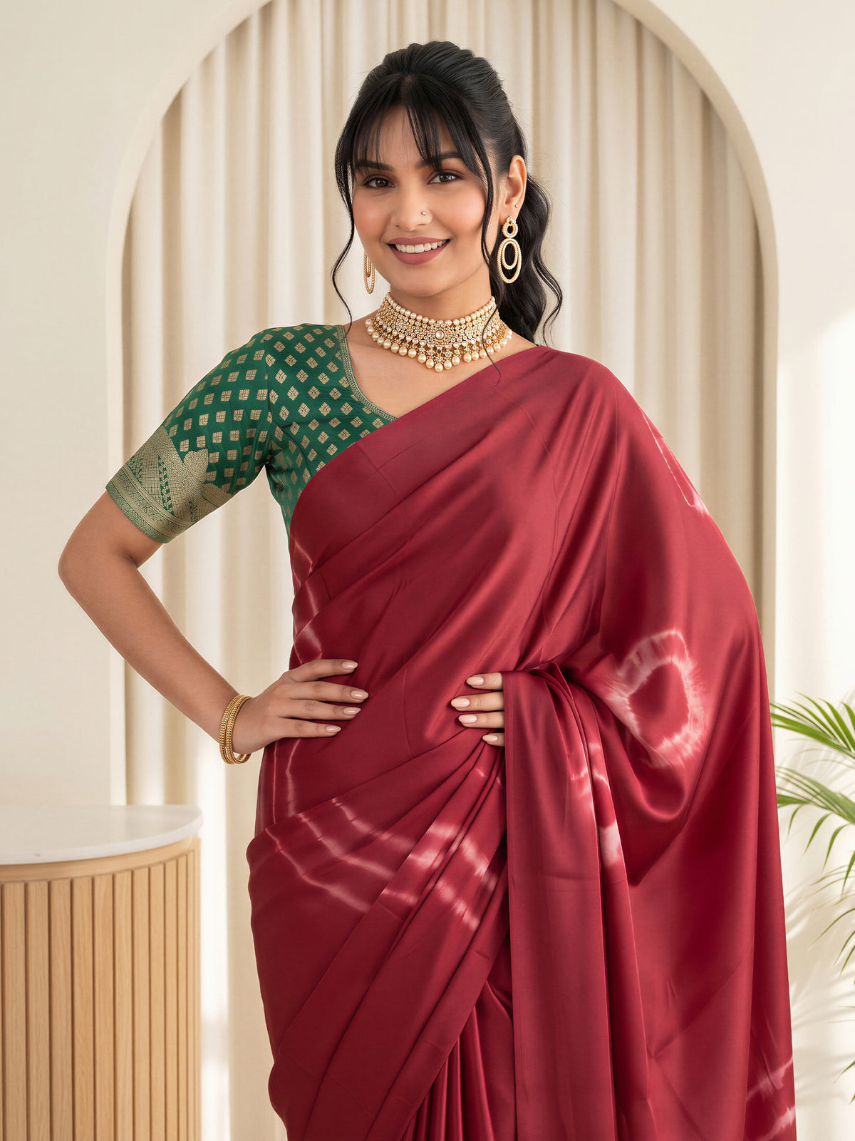 Maroon Satin Silk saree – detail view 4
