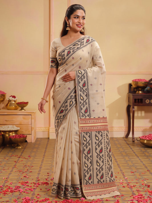 Beige woven design linen saree with beige blouse piece
