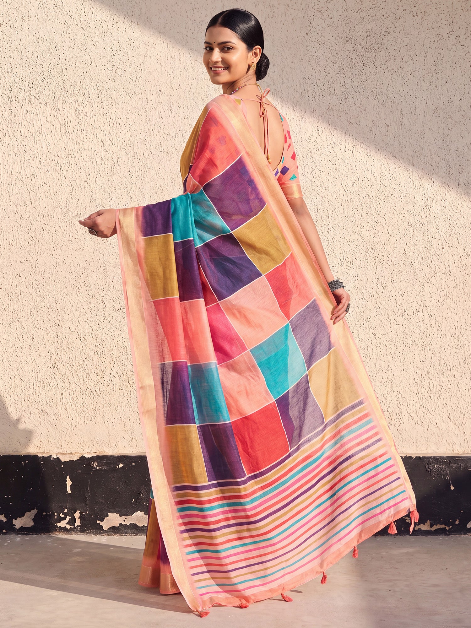 Multicolored Linen saree – detail view 1