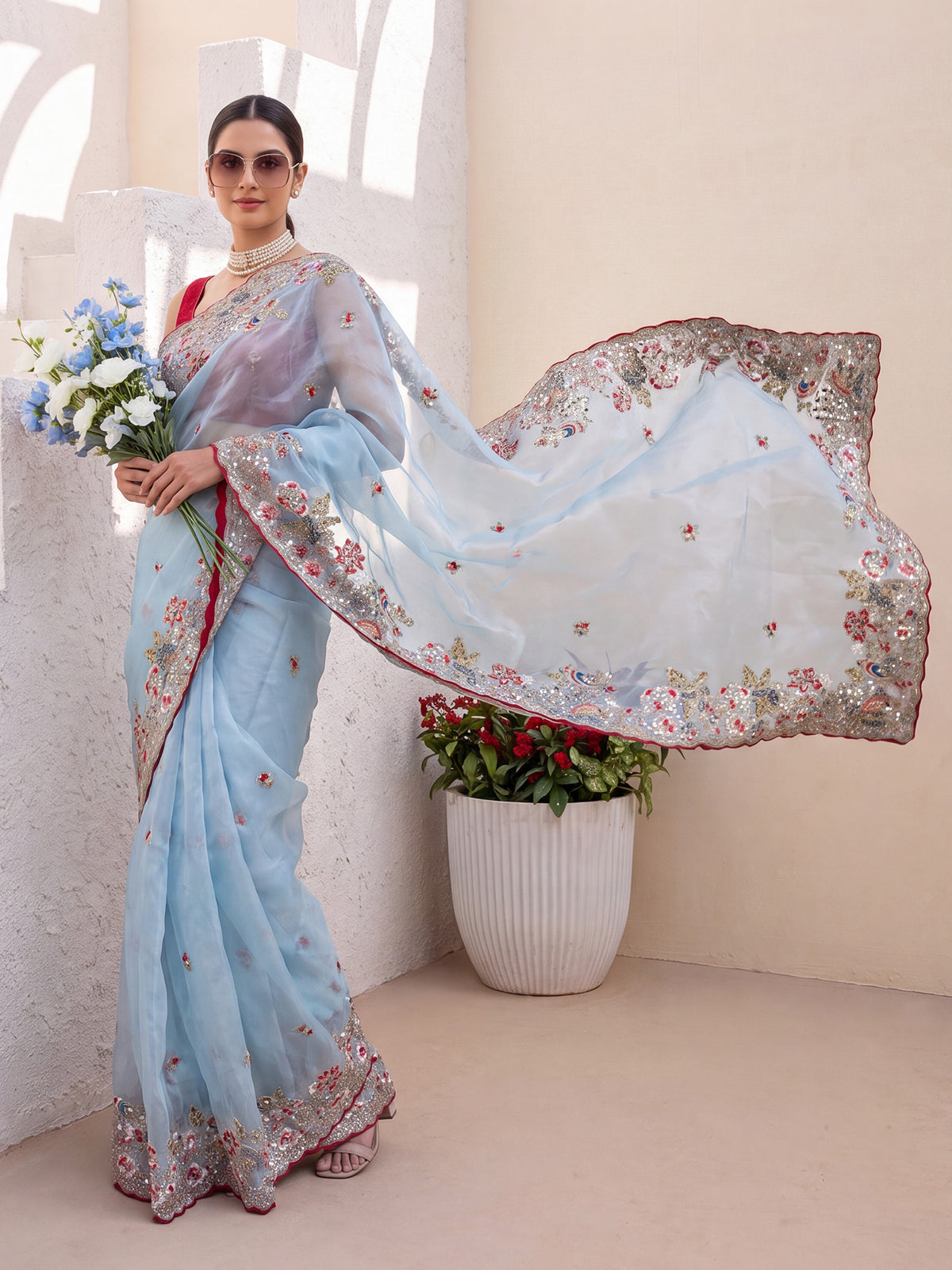 Light Blue Organza saree – detail view 3