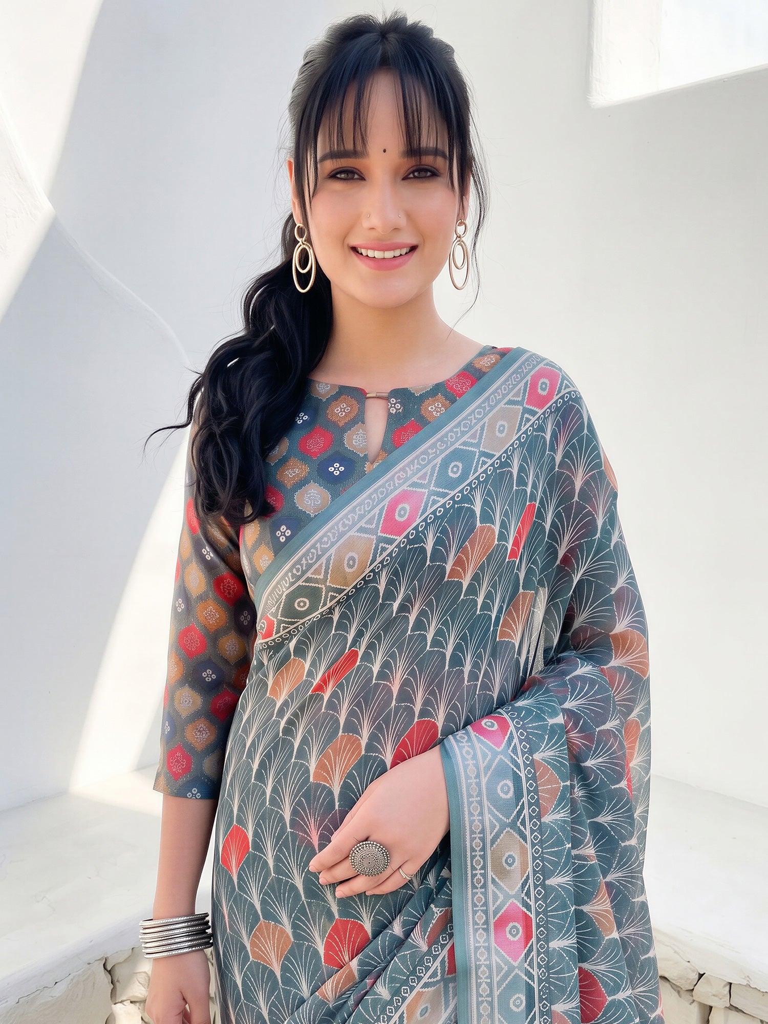 Sea Green Cotton Linen saree – detail view 3