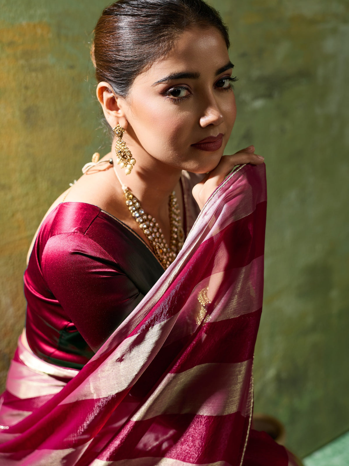 Wine Satin Silk saree – detail view 4