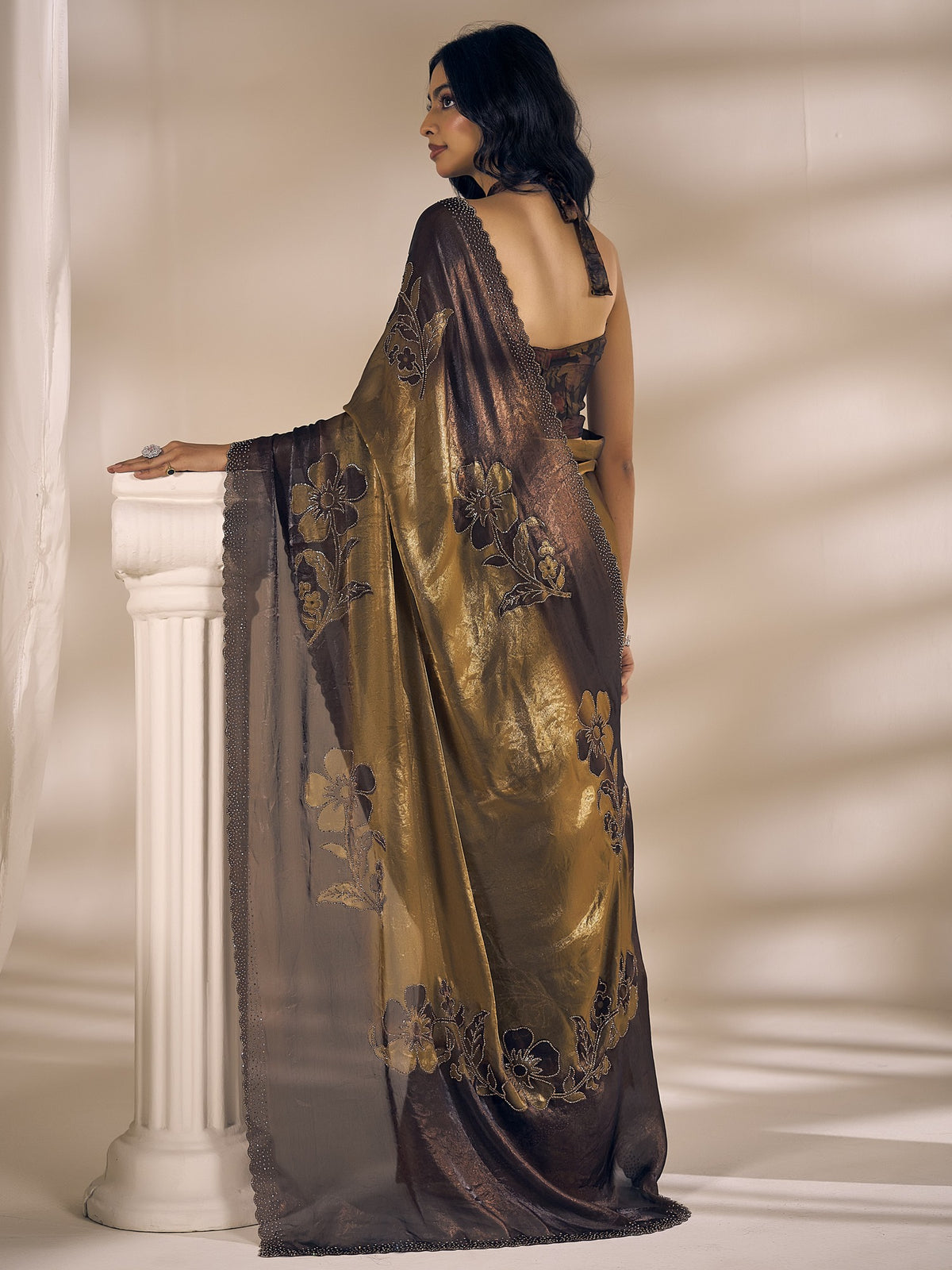 Olive satin silk saree view 3