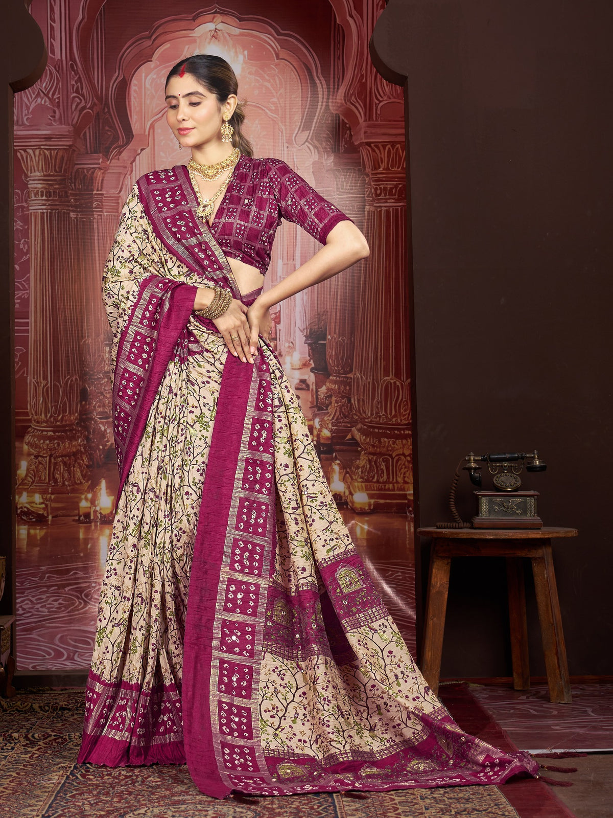 Cream tussar silk saree view 3